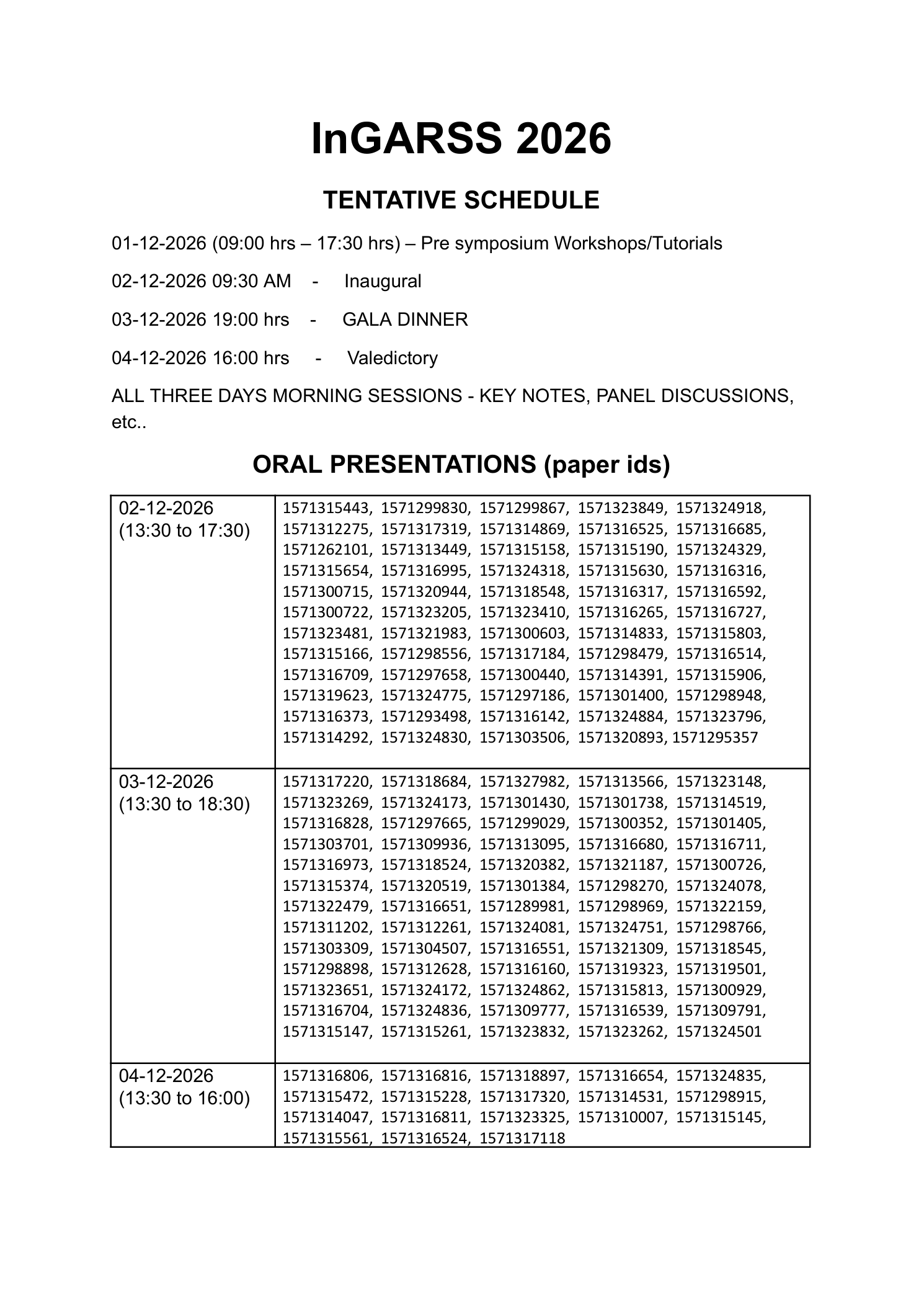 Tentative program schedule, page 1